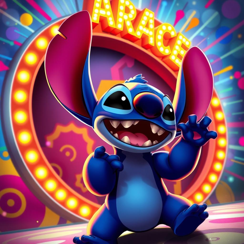 A vibrant digital art piece featuring the iconic character, Stitch, set against a colorful and dynamic background