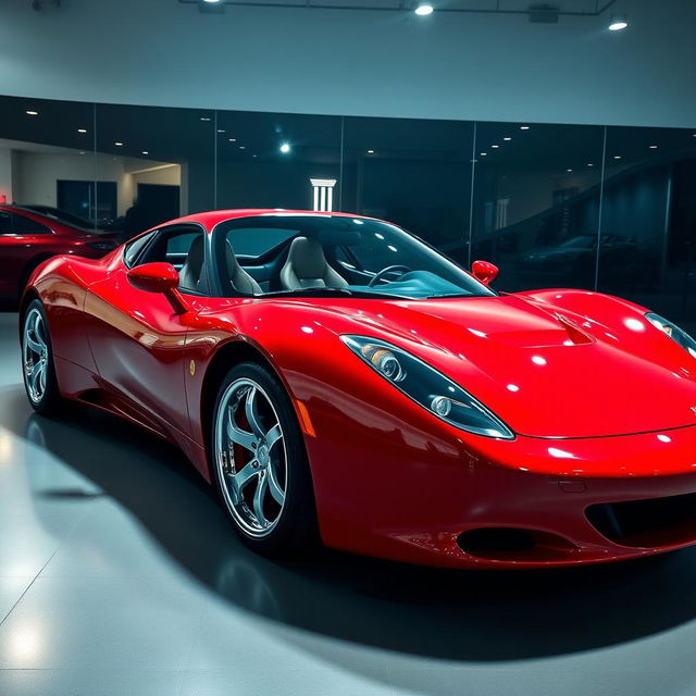 A sleek, modern sports car, gleaming in a showroom under bright lights, capturing its aerodynamic curves and high-performance design