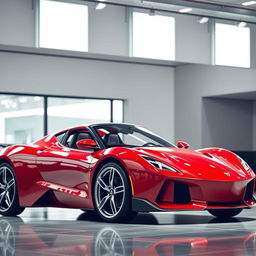 A sleek, modern sports car, gleaming in a showroom under bright lights, capturing its aerodynamic curves and high-performance design