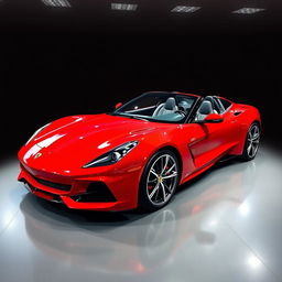 A sleek, modern sports car, gleaming in a showroom under bright lights, capturing its aerodynamic curves and high-performance design