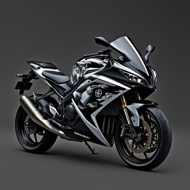 A sleek, black and white motorcycle featuring a striking wolf motif