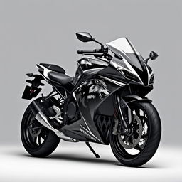 A sleek, black and white motorcycle featuring a striking wolf motif