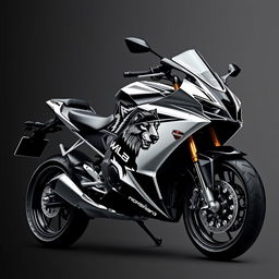 A sleek, black and white motorcycle featuring a striking wolf motif