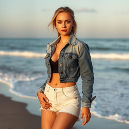 A beautiful 29-year-old woman standing on the beach, wearing a stylish jeans jacket paired with very short pants