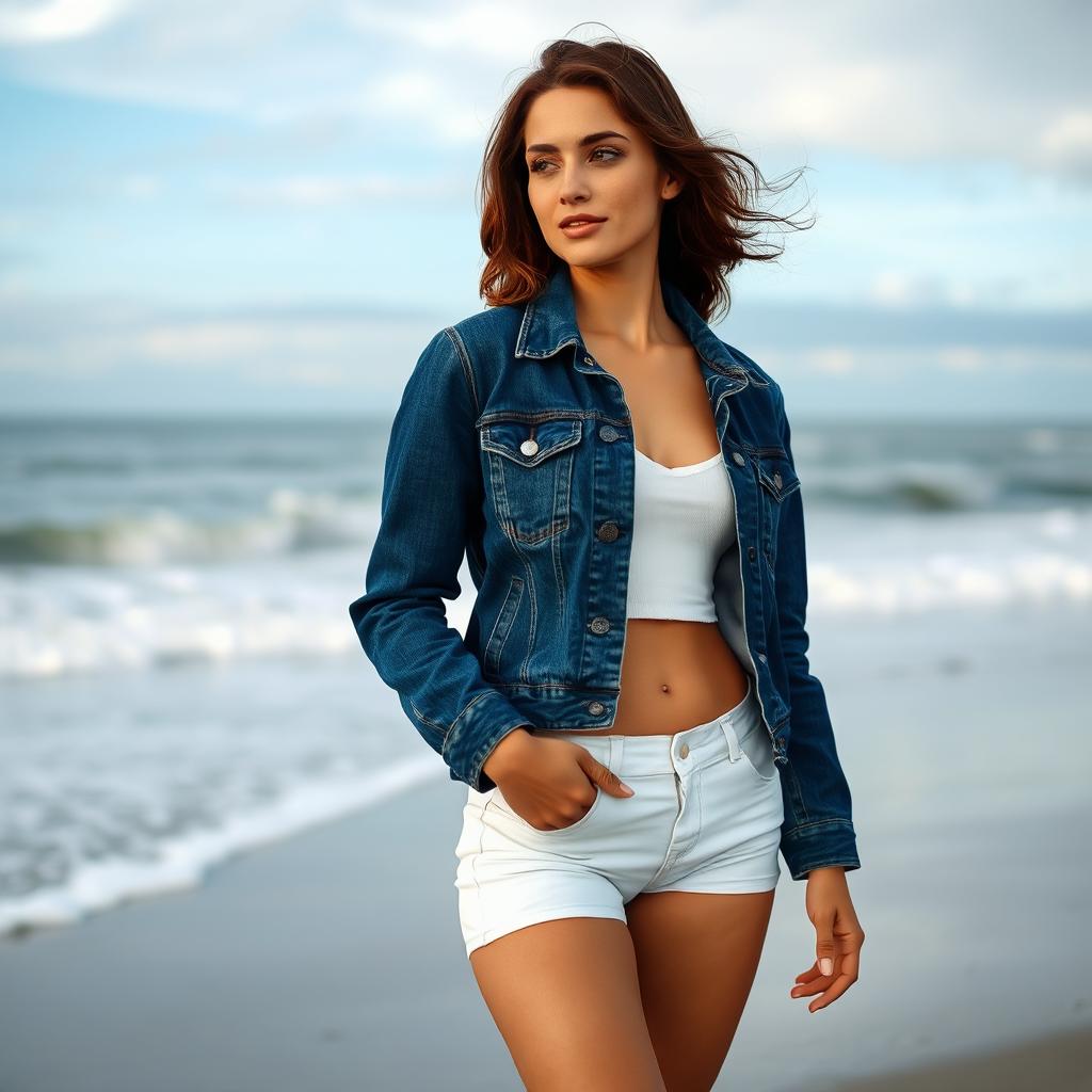 A beautiful 29-year-old woman standing on the beach, wearing a stylish jeans jacket paired with very short pants