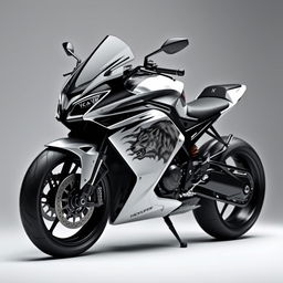 A futuristic black and white motorcycle with a captivating wolf motif