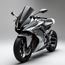 A futuristic black and white motorcycle with a captivating wolf motif