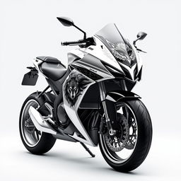 A futuristic black and white motorcycle with a captivating wolf motif