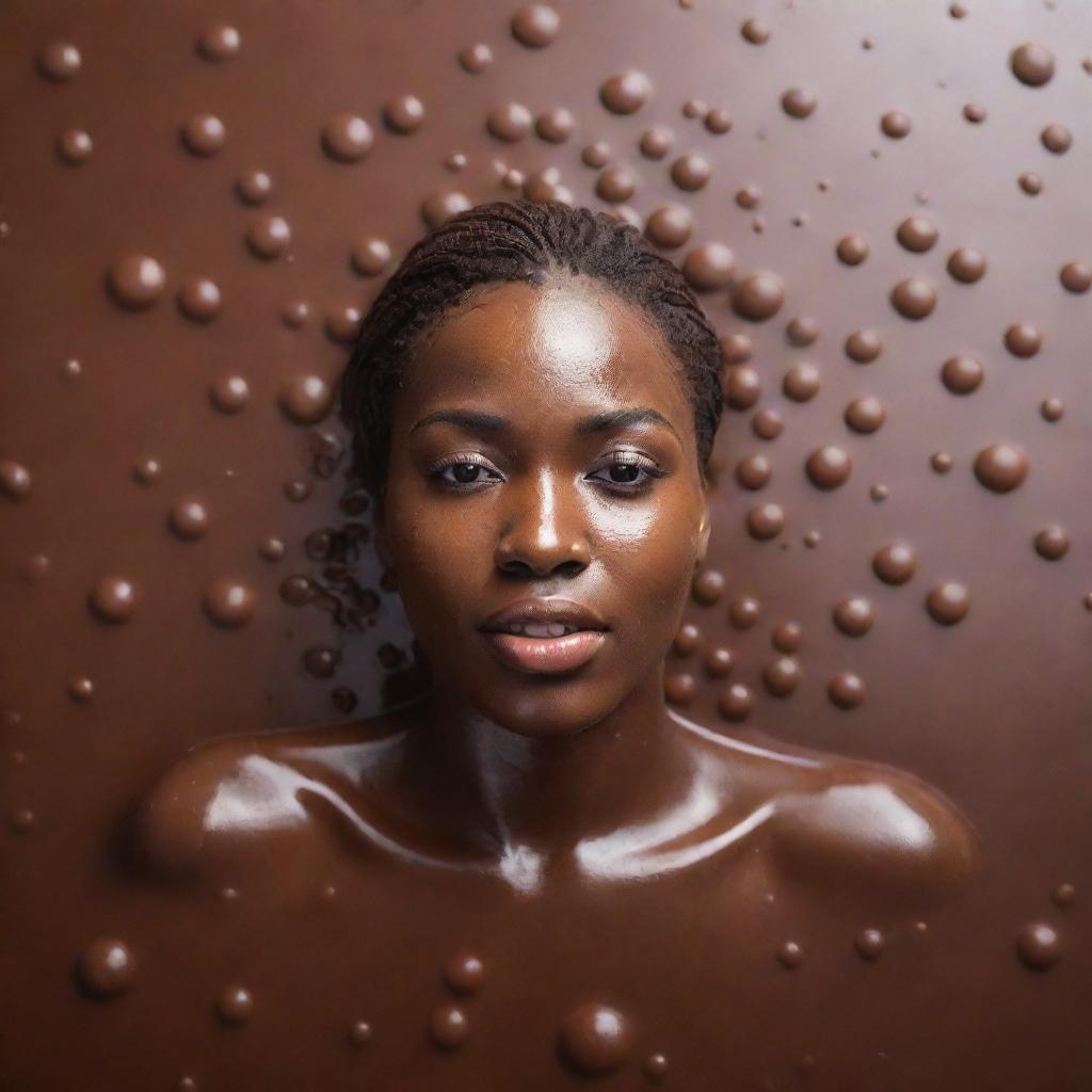 An African woman joyously swimming in a pool of chocolate, droplets of chocolate creating a symmetry of patterns in the air