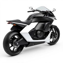 A futuristic black and white motorcycle showcasing an innovative design