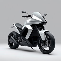 A futuristic black and white motorcycle showcasing an innovative design