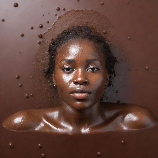 An African woman joyously swimming in a pool of chocolate, droplets of chocolate creating a symmetry of patterns in the air