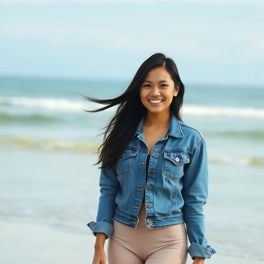 A beautiful 29-year-old Indonesian woman standing on the beach, her face radiating a warm smile, with flowing black hair