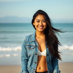 A beautiful 29-year-old Indonesian woman standing on the beach, her face radiating a warm smile, with flowing black hair