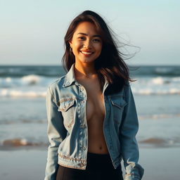 A beautiful 29-year-old Indonesian woman standing on the beach, her face radiating a warm smile, with flowing black hair