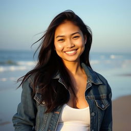 A beautiful 29-year-old Indonesian woman standing on the beach, her face radiating a warm smile, with flowing black hair