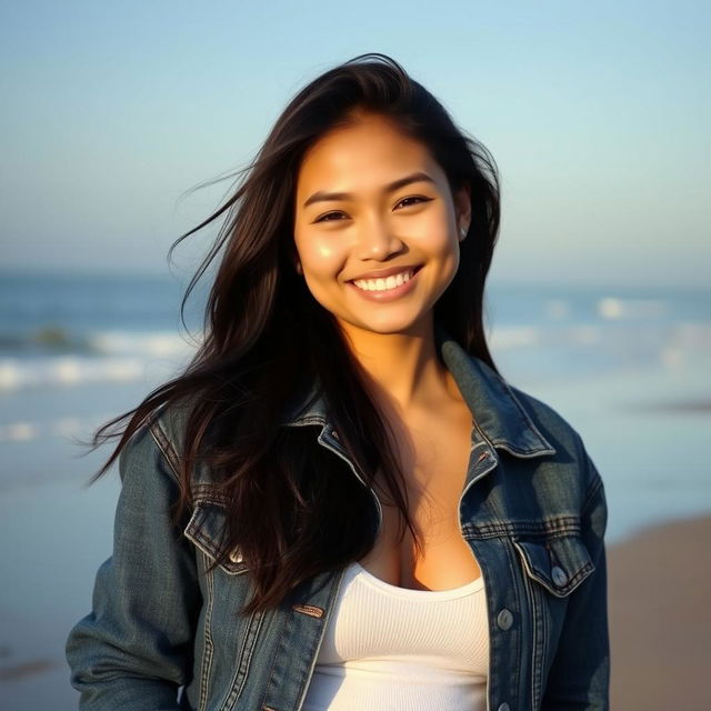 A beautiful 29-year-old Indonesian woman standing on the beach, her face radiating a warm smile, with flowing black hair