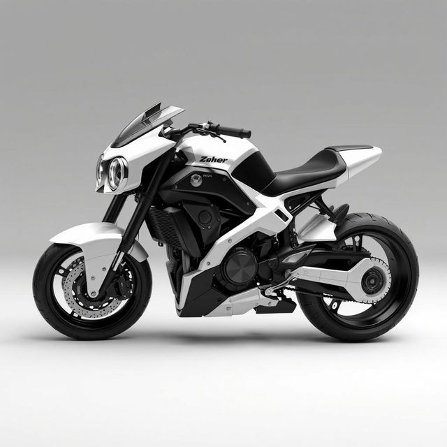 A black and white sci-fi motorcycle, showcasing a futuristic design with sleek, aerodynamic features