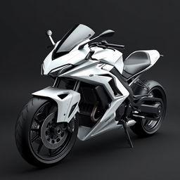 A black and white sci-fi motorcycle, showcasing a futuristic design with sleek, aerodynamic features