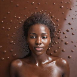 An African woman joyously swimming in a pool of chocolate, droplets of chocolate creating a symmetry of patterns in the air