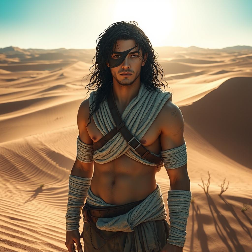 A male adventurer with an eye patch, featuring wet black-emerald curvy hair, and a body wrapped in dirty-white bandages