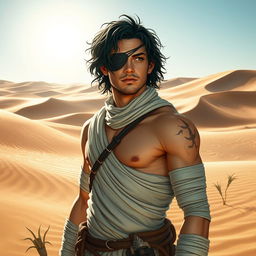 A male adventurer with an eye patch, featuring wet black-emerald curvy hair, and a body wrapped in dirty-white bandages