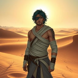 A male adventurer with an eye patch, featuring wet black-emerald curvy hair, and a body wrapped in dirty-white bandages