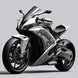 A sci-fi motorcycle in black and white, featuring a striking wolf theme