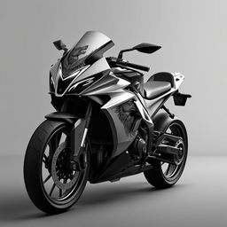 A sci-fi motorcycle in black and white, featuring a striking wolf theme