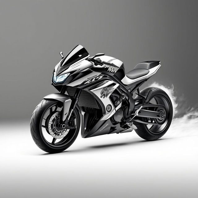 A sci-fi motorcycle in black and white, featuring a striking wolf theme