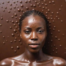 An African woman joyously swimming in a pool of chocolate, droplets of chocolate creating a symmetry of patterns in the air