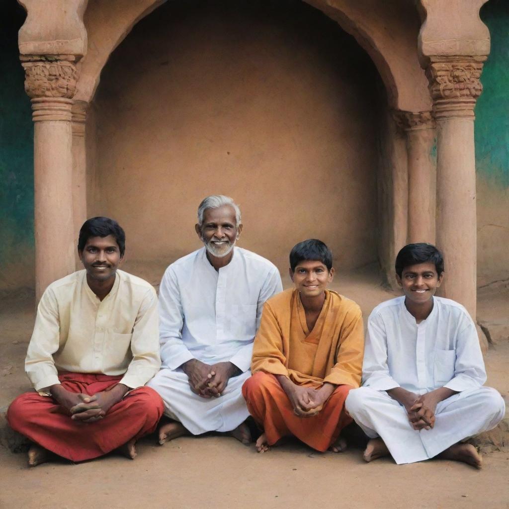 Illustrate a serene scene of the four boys, representing Tamil, Sinhala, Muslim, and Christian communities, sitting beside the wise man after their shared success, reflecting a growing sense of unity and mutual respect.