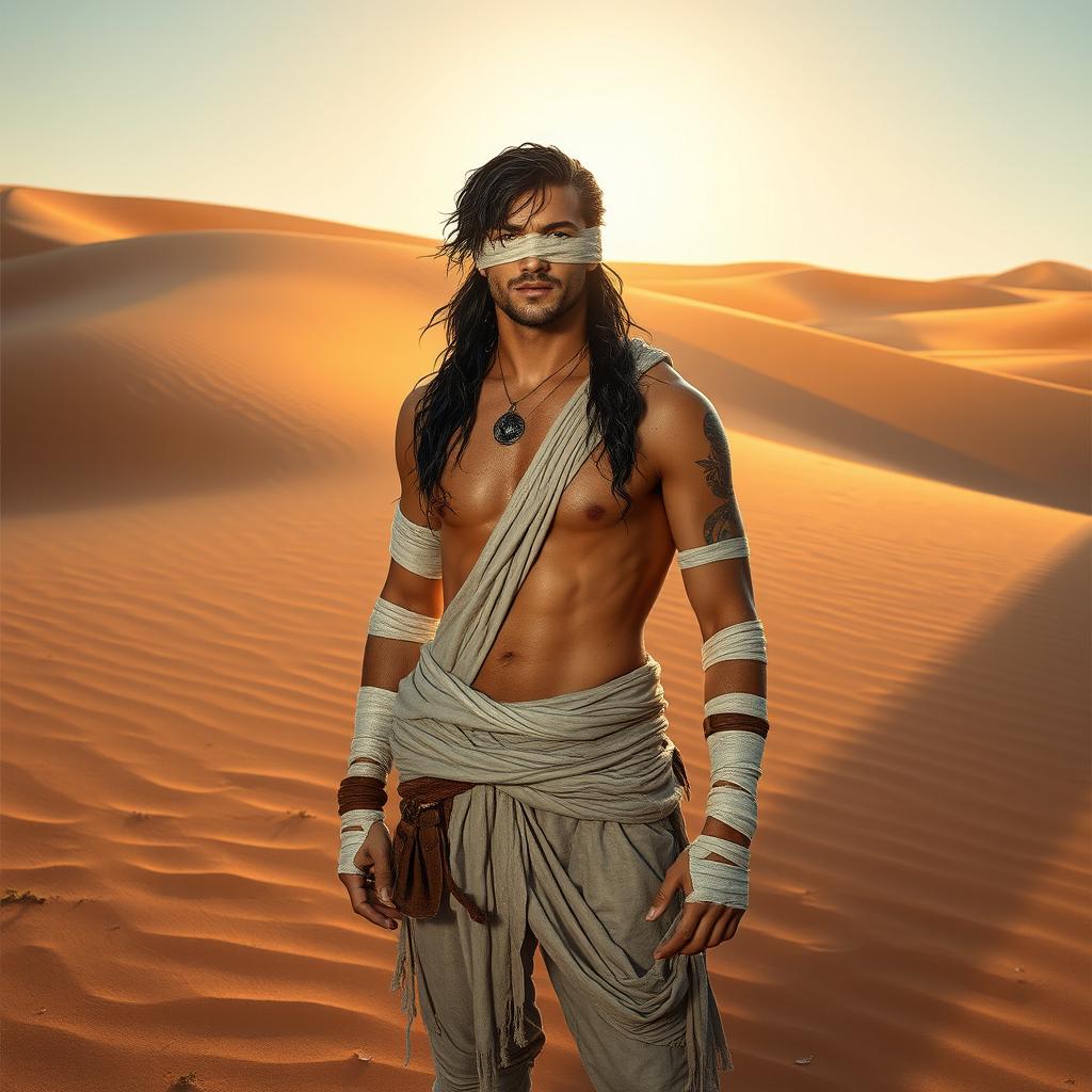 A male adventurer with a blindfold, featuring wet black-emerald curvy hair, and a body wrapped in dirty-white bandages