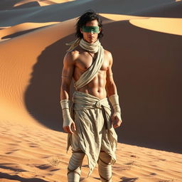 A male adventurer with a blindfold, featuring wet black-emerald curvy hair, and a body wrapped in dirty-white bandages