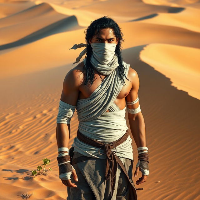 A male adventurer with a blindfold, featuring wet black-emerald curvy hair, and a body wrapped in dirty-white bandages