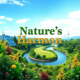 A captivating eco-friendly ebook cover featuring lush greenery, vibrant flora, and a winding river under a clear blue sky