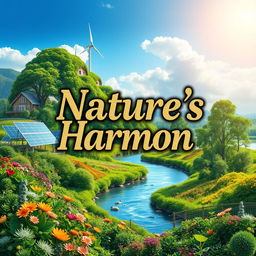 A captivating eco-friendly ebook cover featuring lush greenery, vibrant flora, and a winding river under a clear blue sky