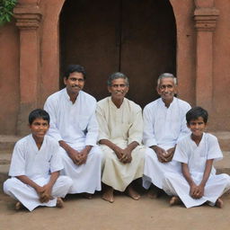 Illustrate a serene scene of the four boys, representing Tamil, Sinhala, Muslim, and Christian communities, sitting beside the wise man after their shared success, reflecting a growing sense of unity and mutual respect.