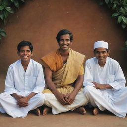 Illustrate a serene scene of the four boys, representing Tamil, Sinhala, Muslim, and Christian communities, sitting beside the wise man after their shared success, reflecting a growing sense of unity and mutual respect.