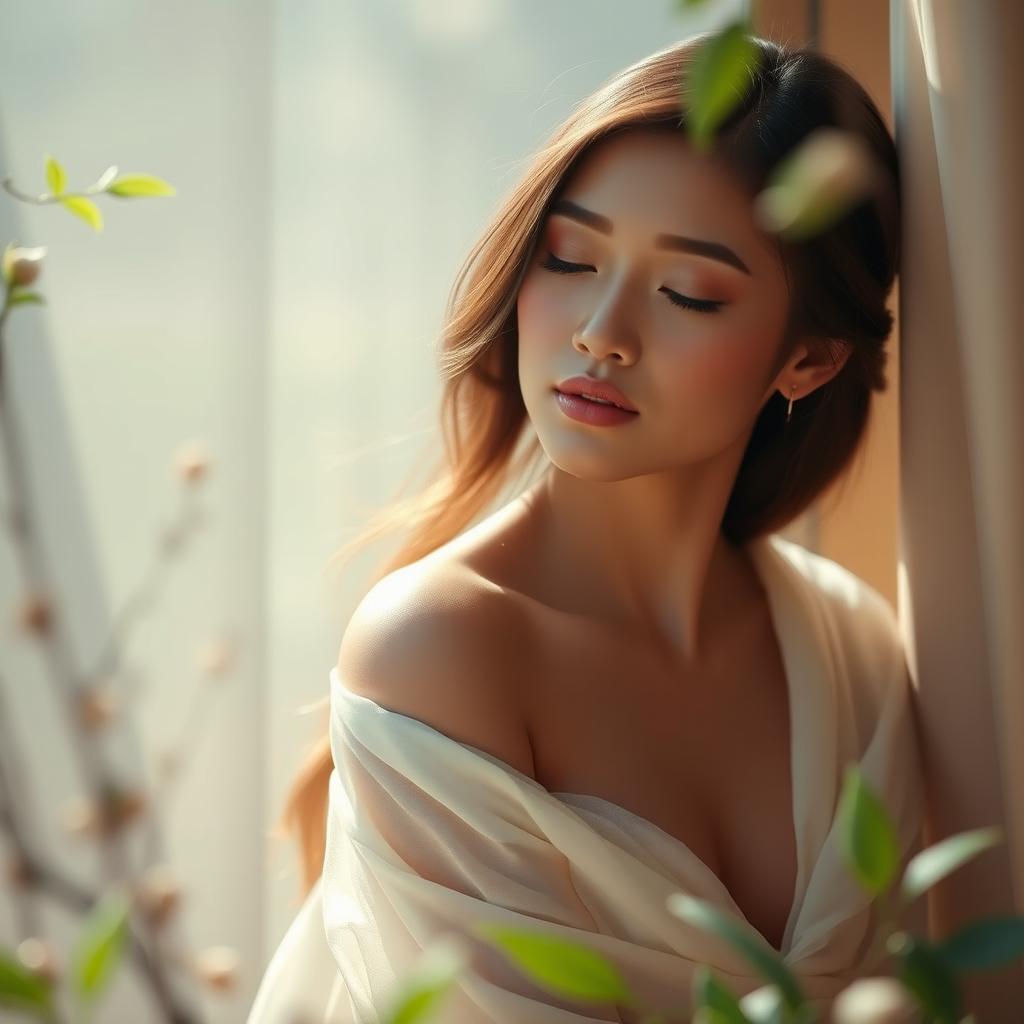 A beautiful and elegant Asian woman depicted in a serene and tranquil setting, softly draped in delicate fabrics that accentuate her natural beauty and grace