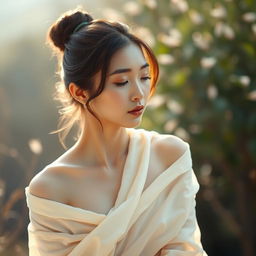 A beautiful and elegant Asian woman depicted in a serene and tranquil setting, softly draped in delicate fabrics that accentuate her natural beauty and grace