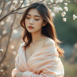 A beautiful and elegant Asian woman depicted in a serene and tranquil setting, softly draped in delicate fabrics that accentuate her natural beauty and grace