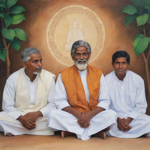 Illustrate a serene scene of the four boys, representing Tamil, Sinhala, Muslim, and Christian communities, sitting beside the wise man after their shared success, reflecting a growing sense of unity and mutual respect.