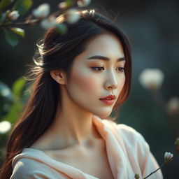 A beautiful and elegant Asian woman depicted in a serene and tranquil setting, softly draped in delicate fabrics that accentuate her natural beauty and grace