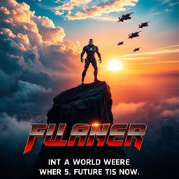 A dynamic and visually striking movie poster featuring a heroic figure standing atop a cliff overlooking a futuristic cityscape, with dramatic clouds and a vibrant sunset in the background