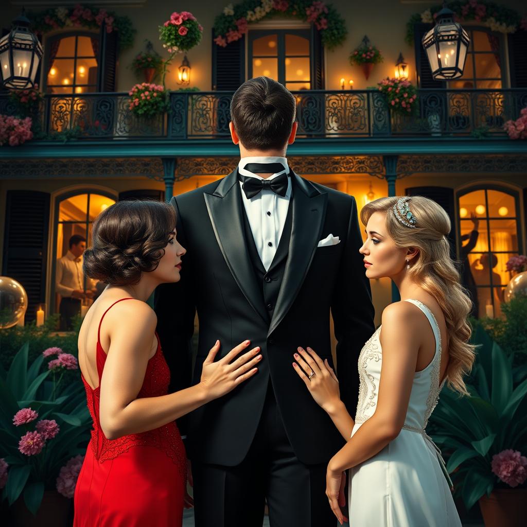 A 1920s New Orleans-style elegant house backdrop, decorated for a lavish party with bright lights, flowers, and large windows showcasing people dancing, drinking, and having fun