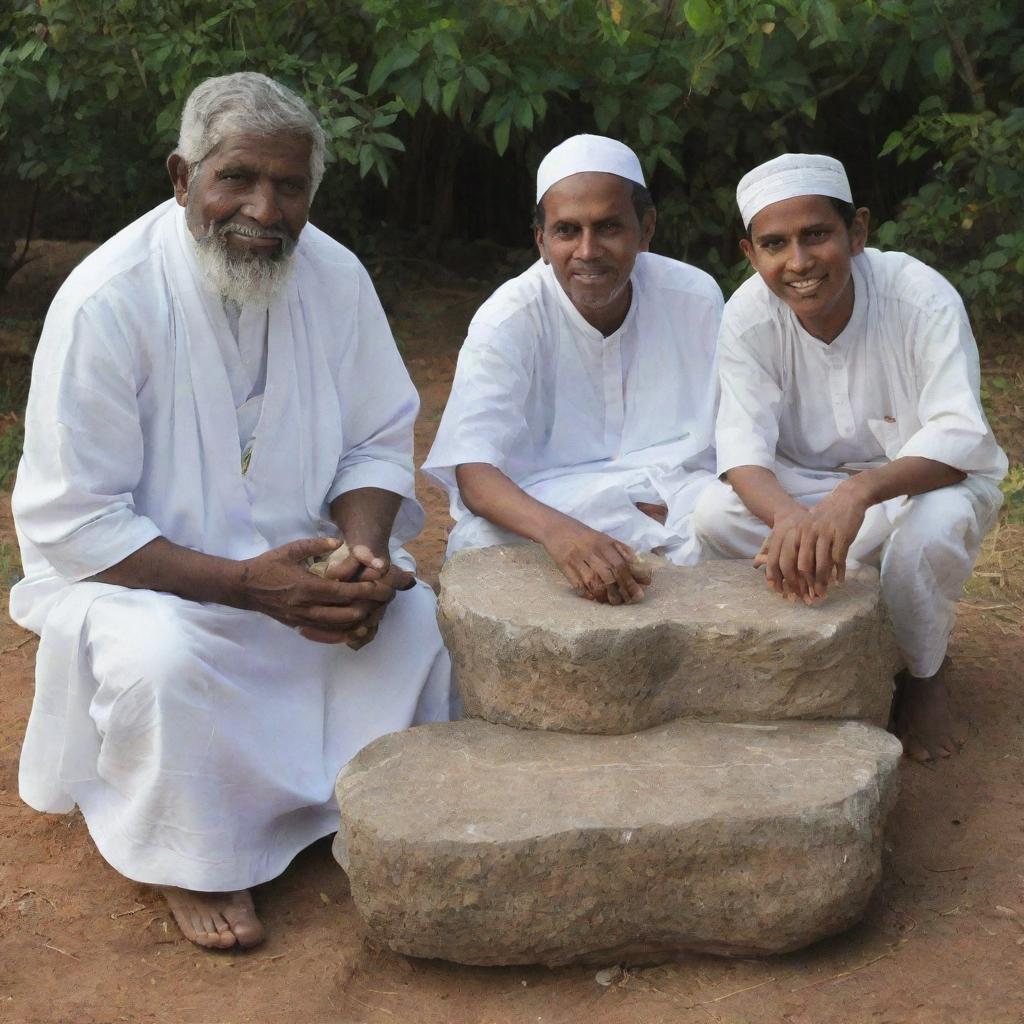 Craft a peaceful scene where the four boys who successfully moved the stone together, representative of the Tamil, Sinhala, Muslim, and Christian communities, are seated beside the wise man, symbolizing their shared accomplishment.