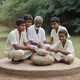 Craft a peaceful scene where the four boys who successfully moved the stone together, representative of the Tamil, Sinhala, Muslim, and Christian communities, are seated beside the wise man, symbolizing their shared accomplishment.