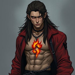 Attractive half-orc warlock, 20-year-old, with long hair and a fire tattoo on the chest