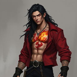 Attractive half-orc warlock, 20-year-old, with long hair and a fire tattoo on the chest